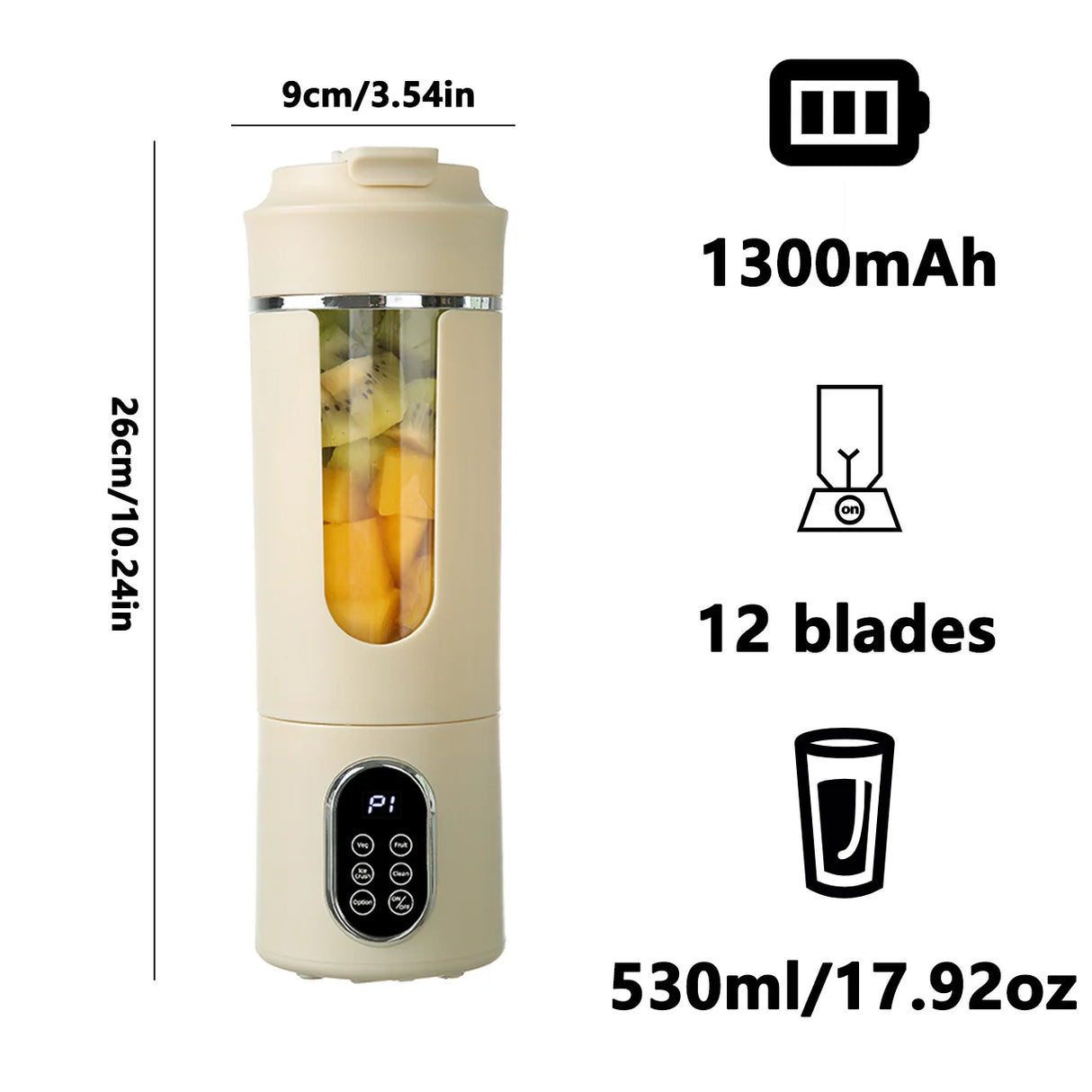 Adimerah Premium Portable Blender - 530ml Portable Juicer Wireless USB Charging Crushed Ice Electric Juicing 12 Blade 4 Gears 7.4V