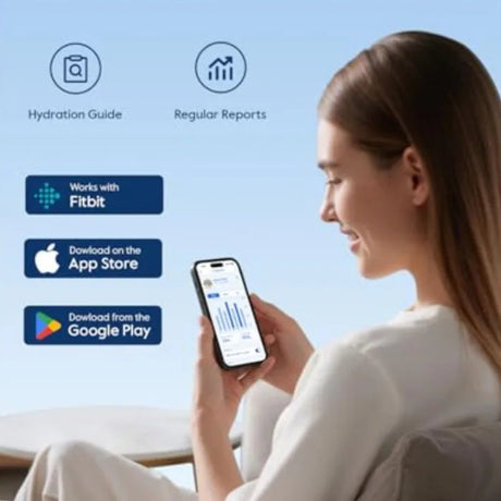 Woman using a smartphone with hydration tracking app, against a blue sky background