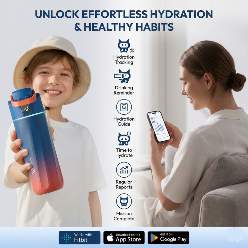 Two people with a water bottle and smartphone, promoting hydration tracking and healthy habits.