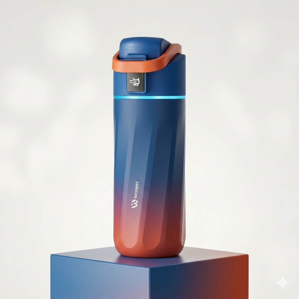 Gradient blue to orange water bottle on a white background